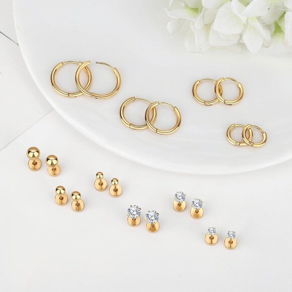 10-Pairs Small Hypoallergenic Surgical Steel Hoop and CZ Stud Earrings Set for S - Picture 3 of 6